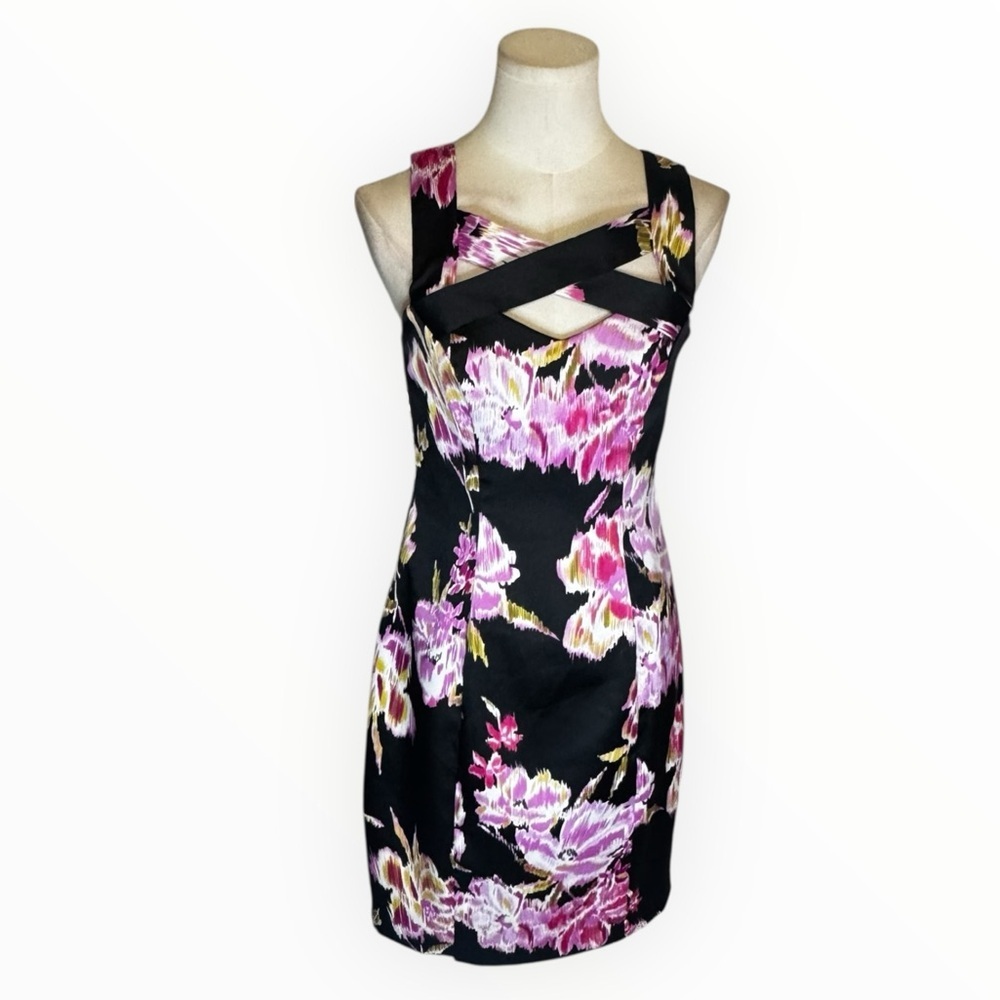CACHE Black Pink Floral Mini Dress Caged Cutout Neck Bodycon Sheath Party Size 8